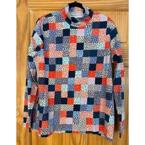 Lands End Mock Turtle Neck Patchwork Women XL Cottagecore Floral Country Boho